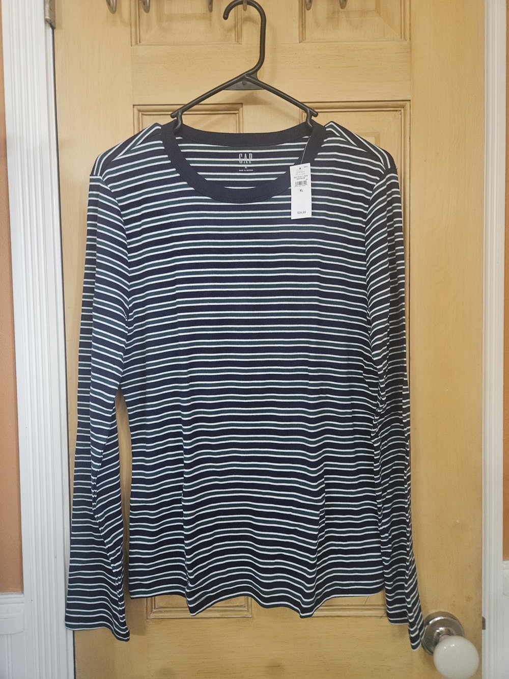 GAP Women"s Navy, Green & White Striped Long-Sleeve Crew